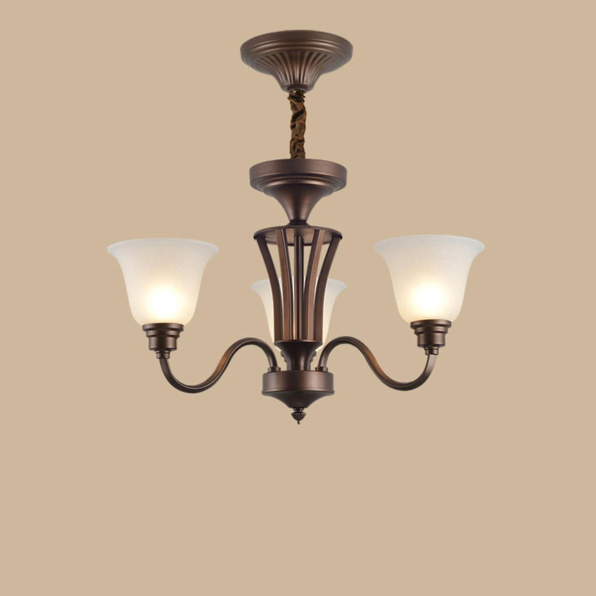 Antique Bronze White Glass Bell Shaped Chandelier Image - 2