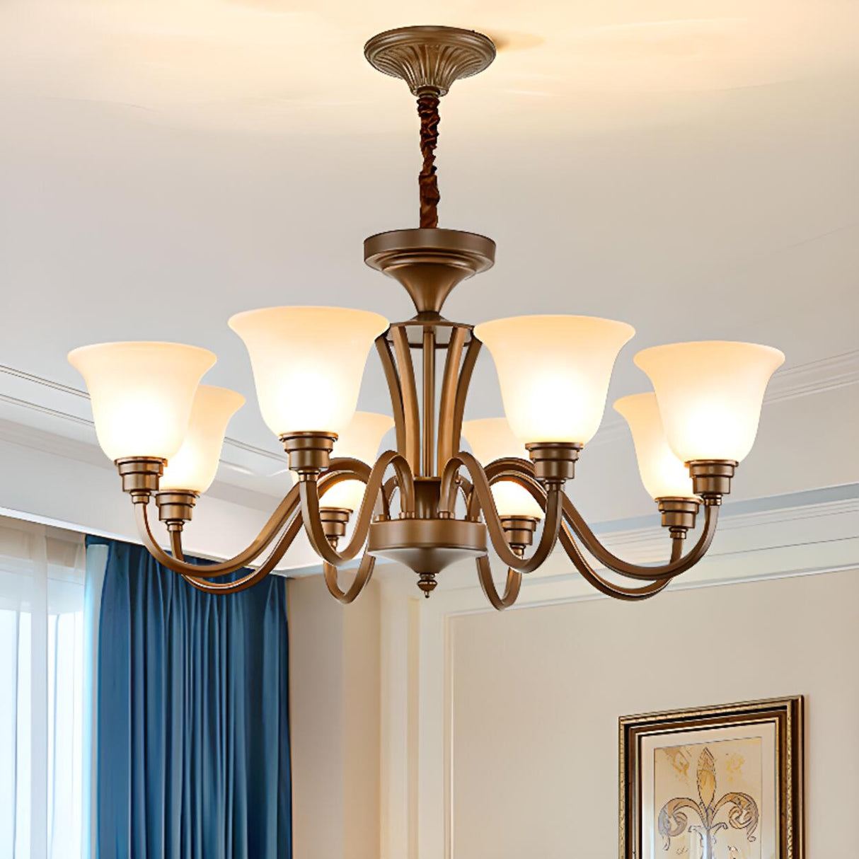 Antique Bronze White Glass Bell Shaped Chandelier Image - 3