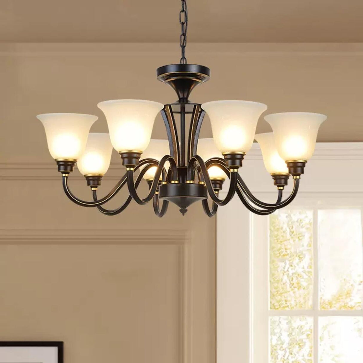 Antique Bronze White Glass Bell Shaped Chandelier Image - 5