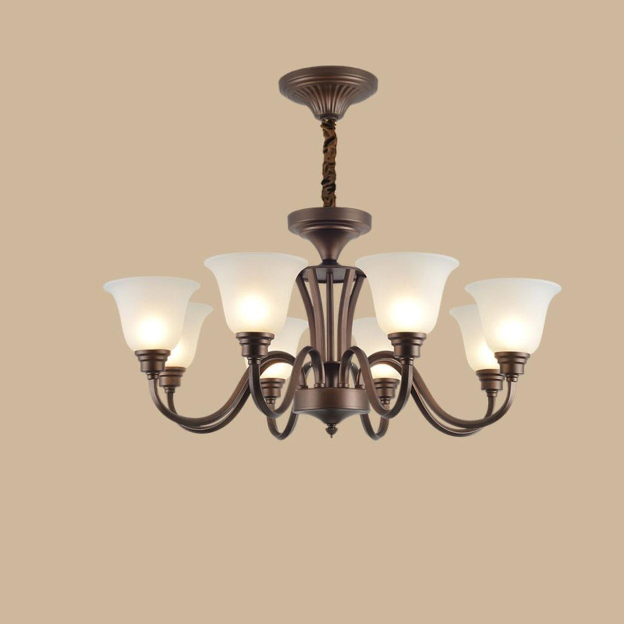 Antique Bronze White Glass Bell Shaped Chandelier Image - 7