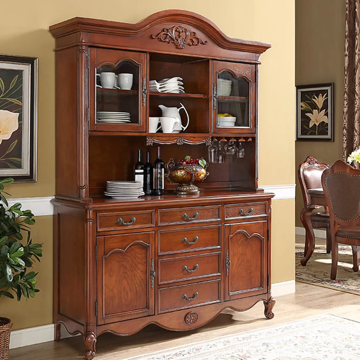 Antique Carved Wooden Kitchen Brown Tall China Cabinet Image - 3