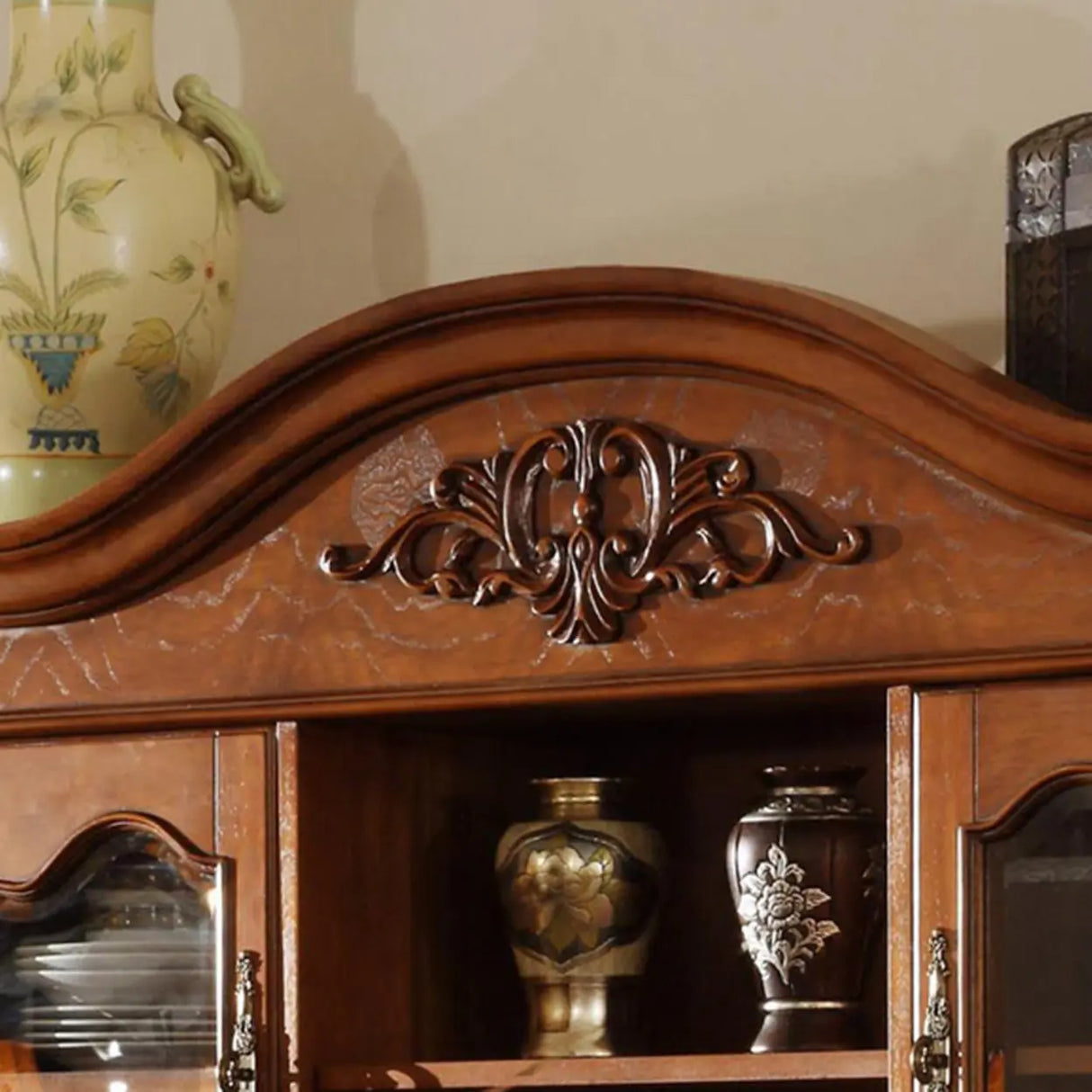 Antique Carved Wooden Kitchen Brown Tall China Cabinet Image - 6