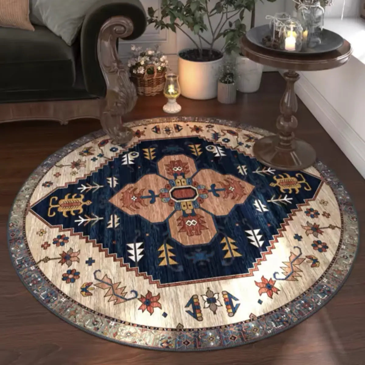 Antique Circular Southwestern Cotton Blue Area Rug Image - 2