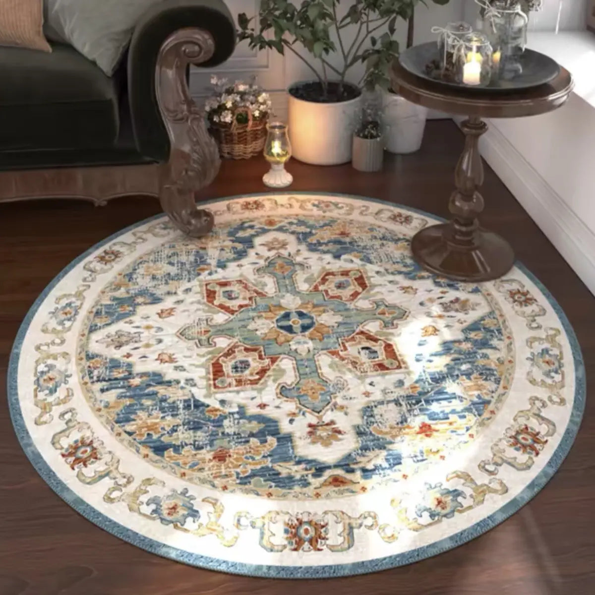 Antique Circular Southwestern Cotton Blue Area Rug Image - 3