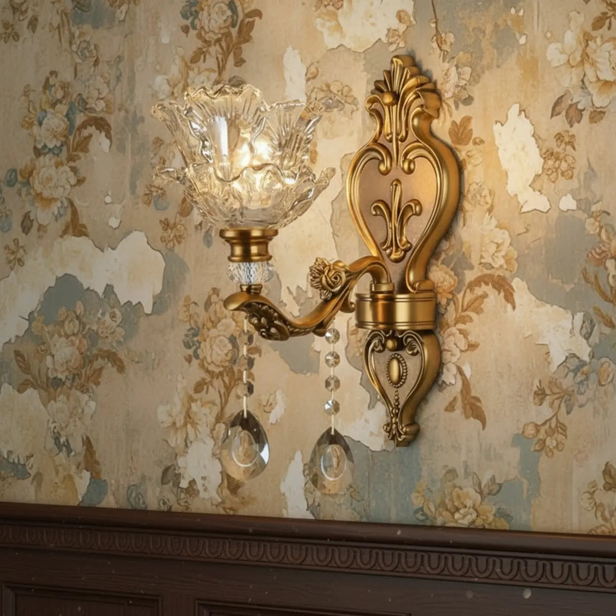 Antique Clear Glass Brass Geometric Wall Sconce Image - 3