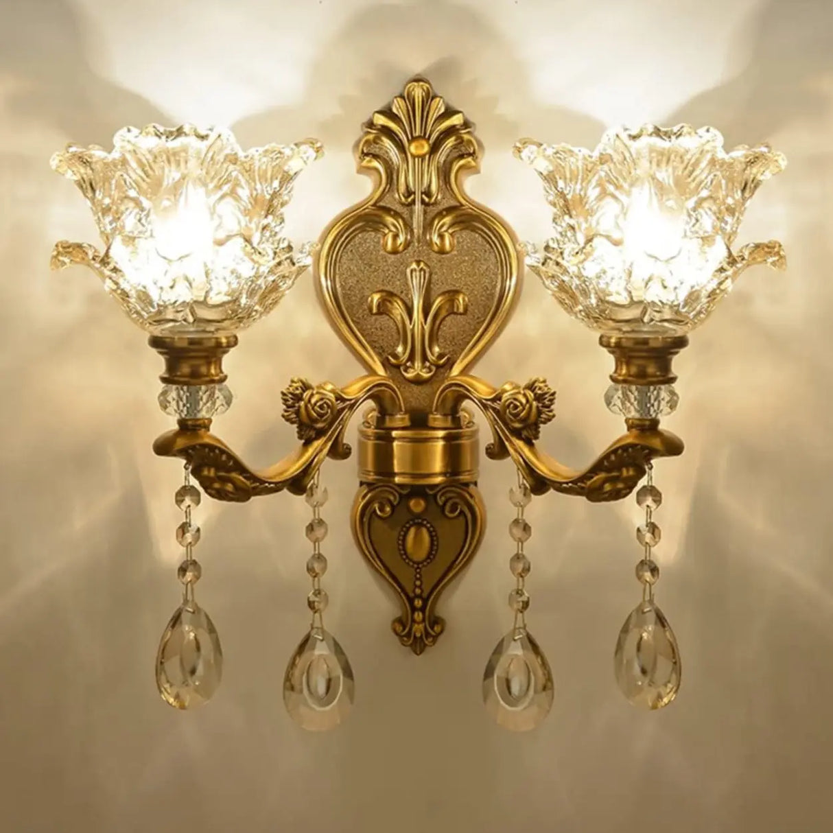 Antique Clear Glass Brass Geometric Wall Sconce Image - 5