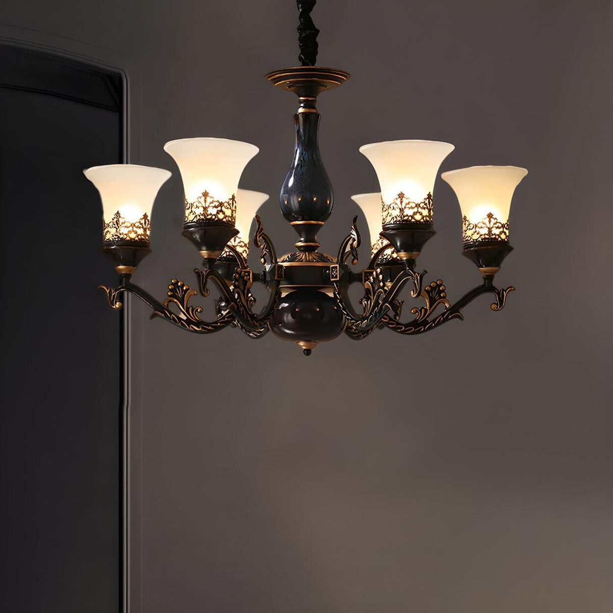 Antique Living Room Frosted Glass Bell Round Chandelier Image - 10