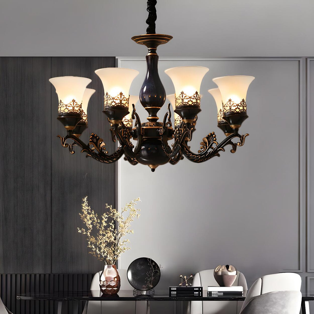 Antique Living Room Frosted Glass Bell Round Chandelier Image - 14