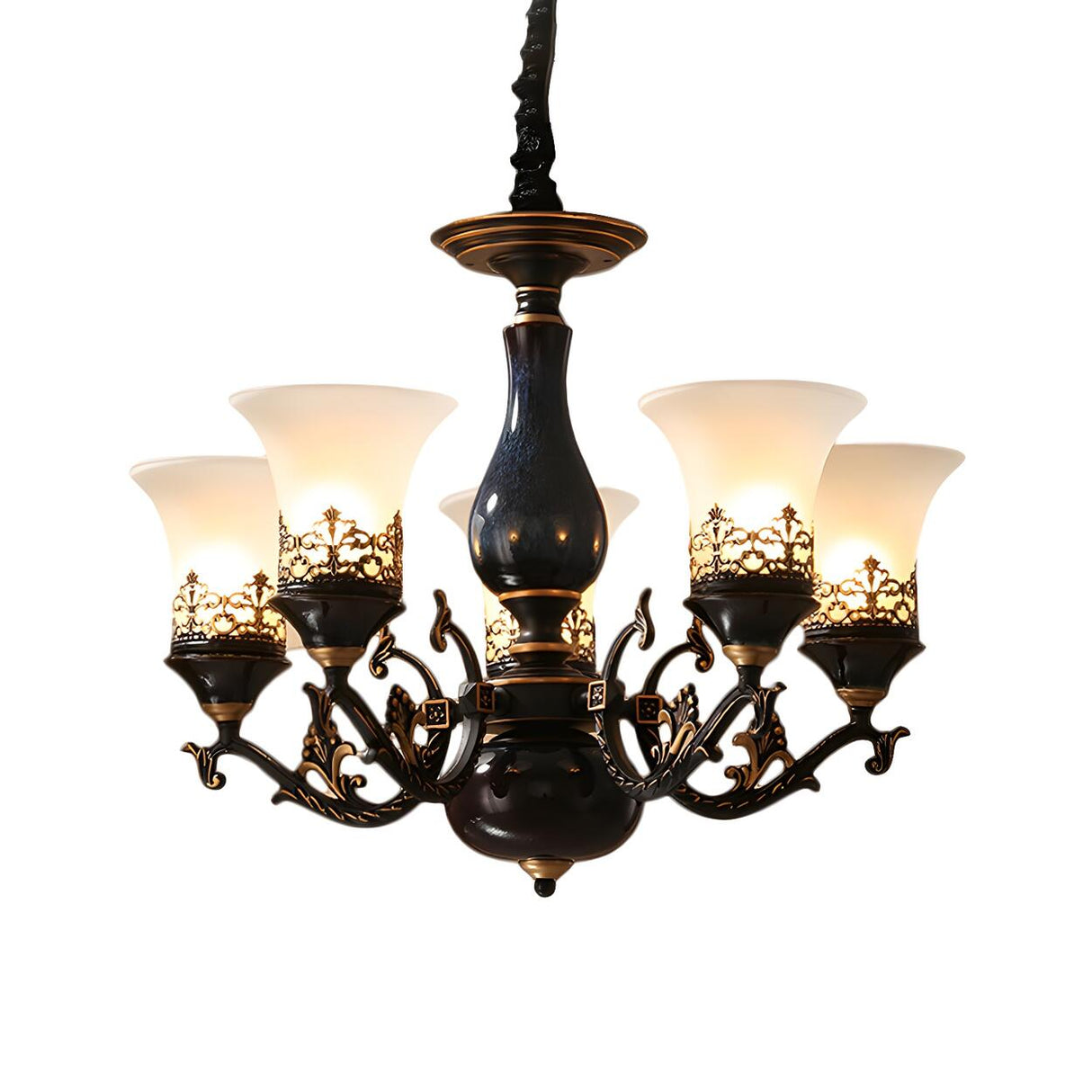 Antique Living Room Frosted Glass Bell Round Chandelier Image - 7