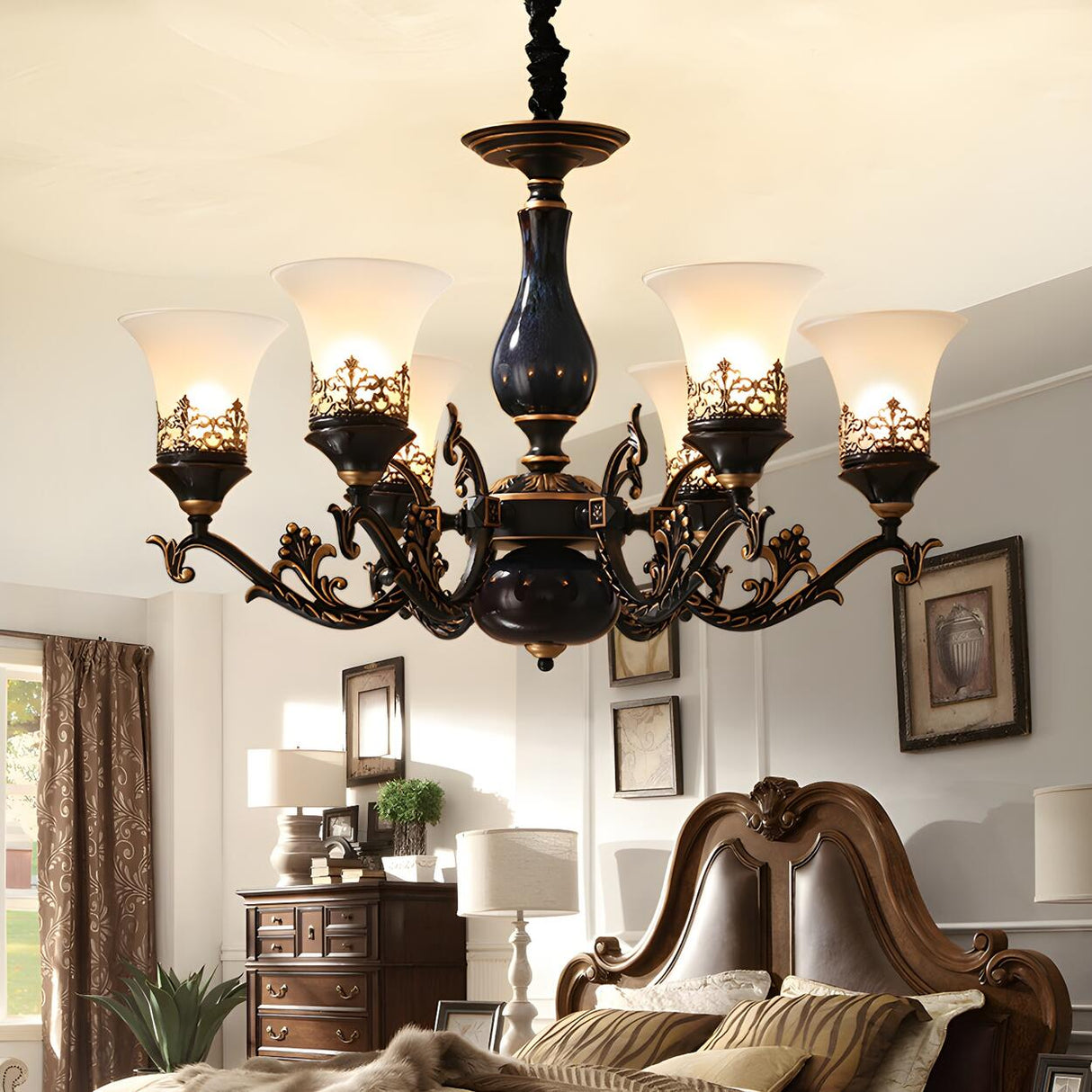 Antique Living Room Frosted Glass Bell Round Chandelier Image - 8