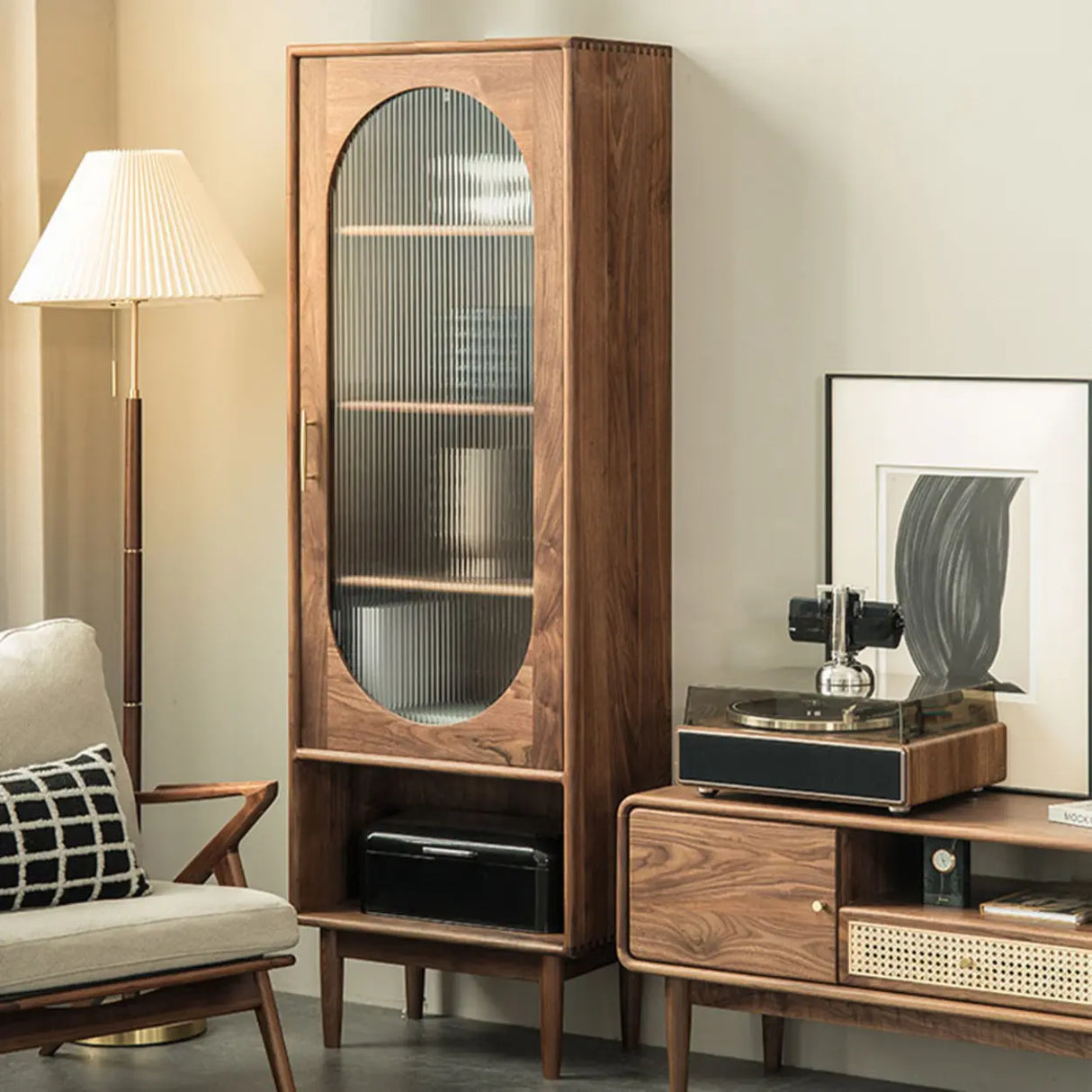 Antique Oval Glass Door Closed Wood Organizer Bookcase Image - 1