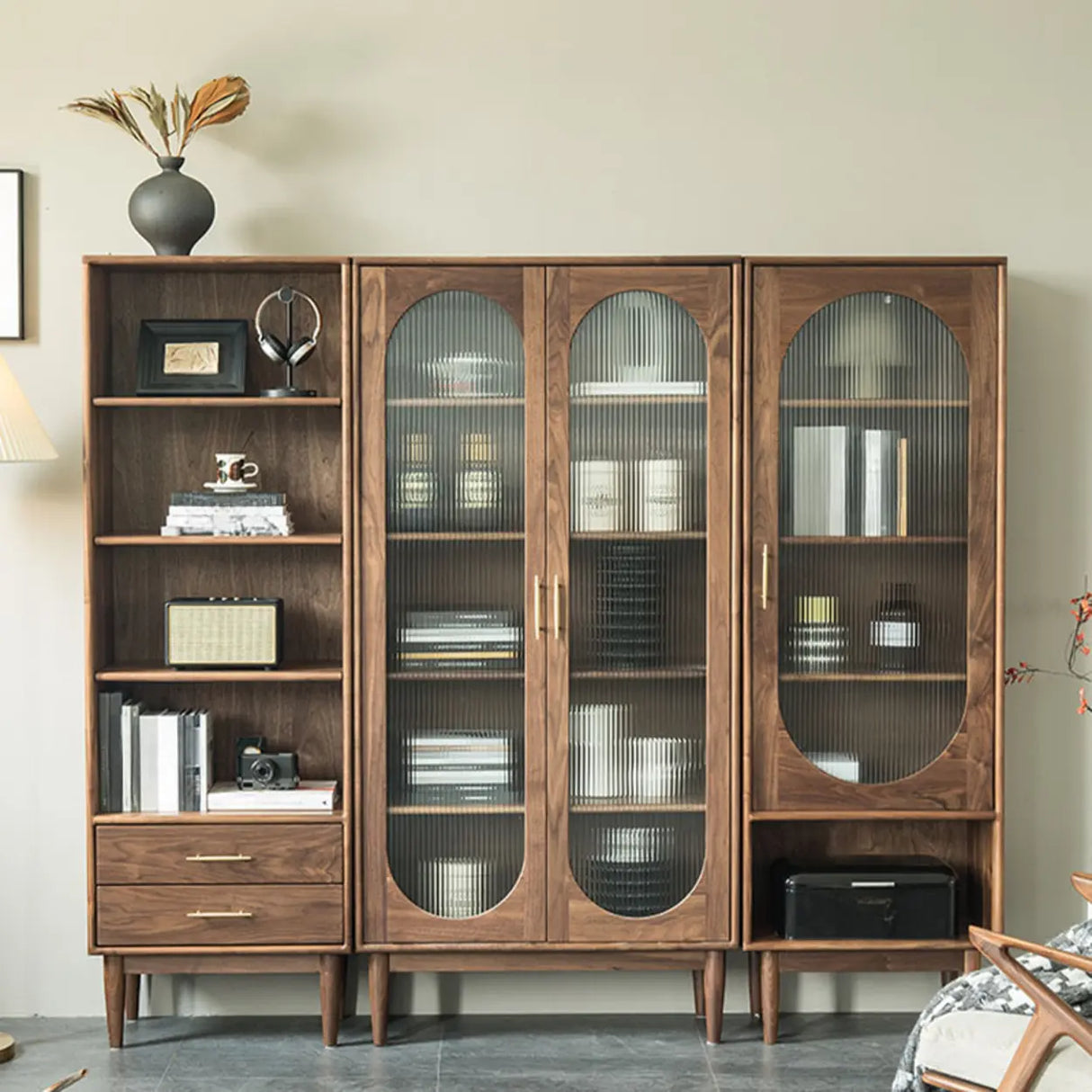 Antique Oval Glass Door Closed Wood Organizer Bookcase Image - 2