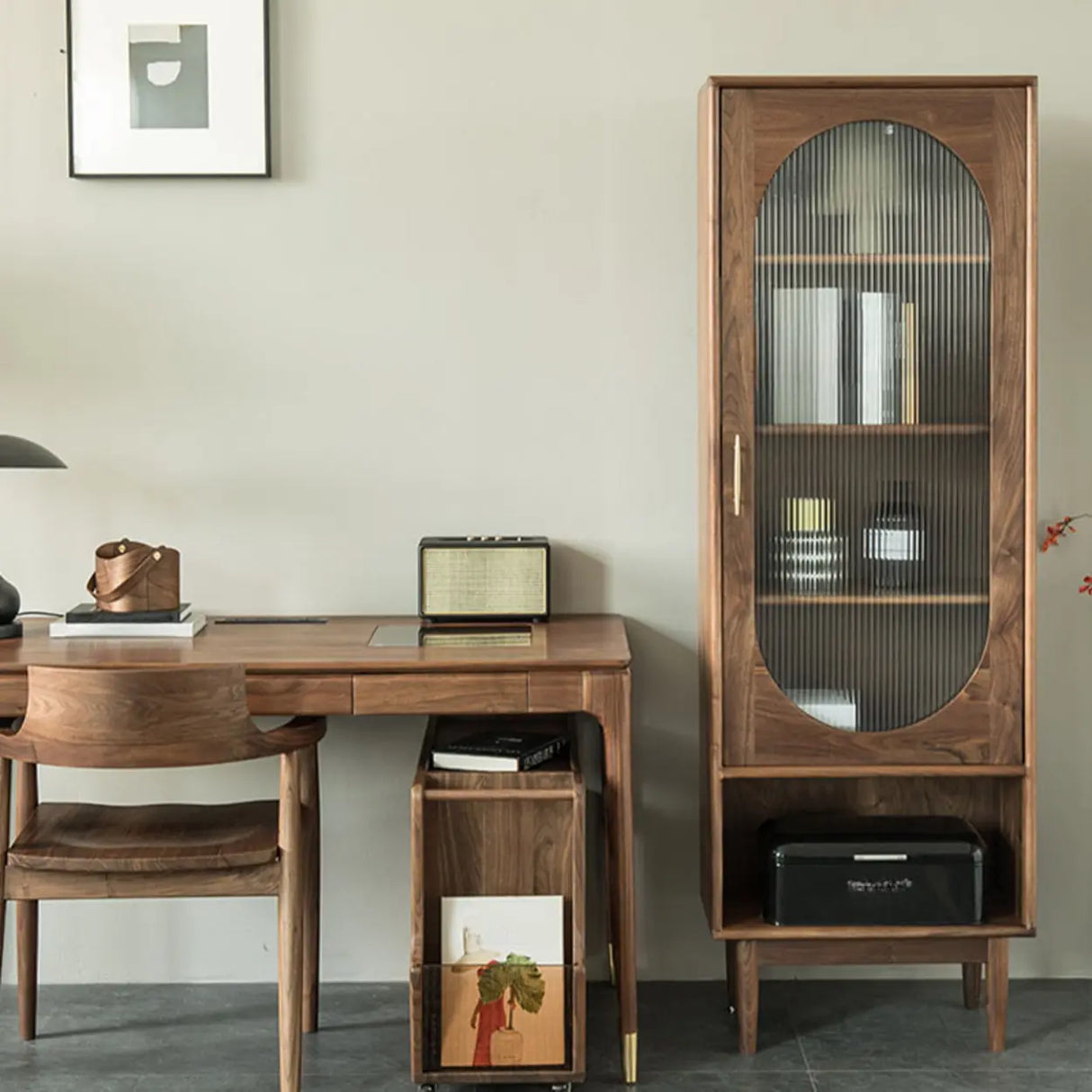 Antique Oval Glass Door Closed Wood Organizer Bookcase Image - 4