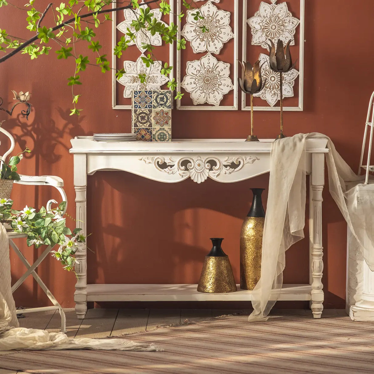 Antique Storage Carved Wood Console Table with Shelf Image - 1