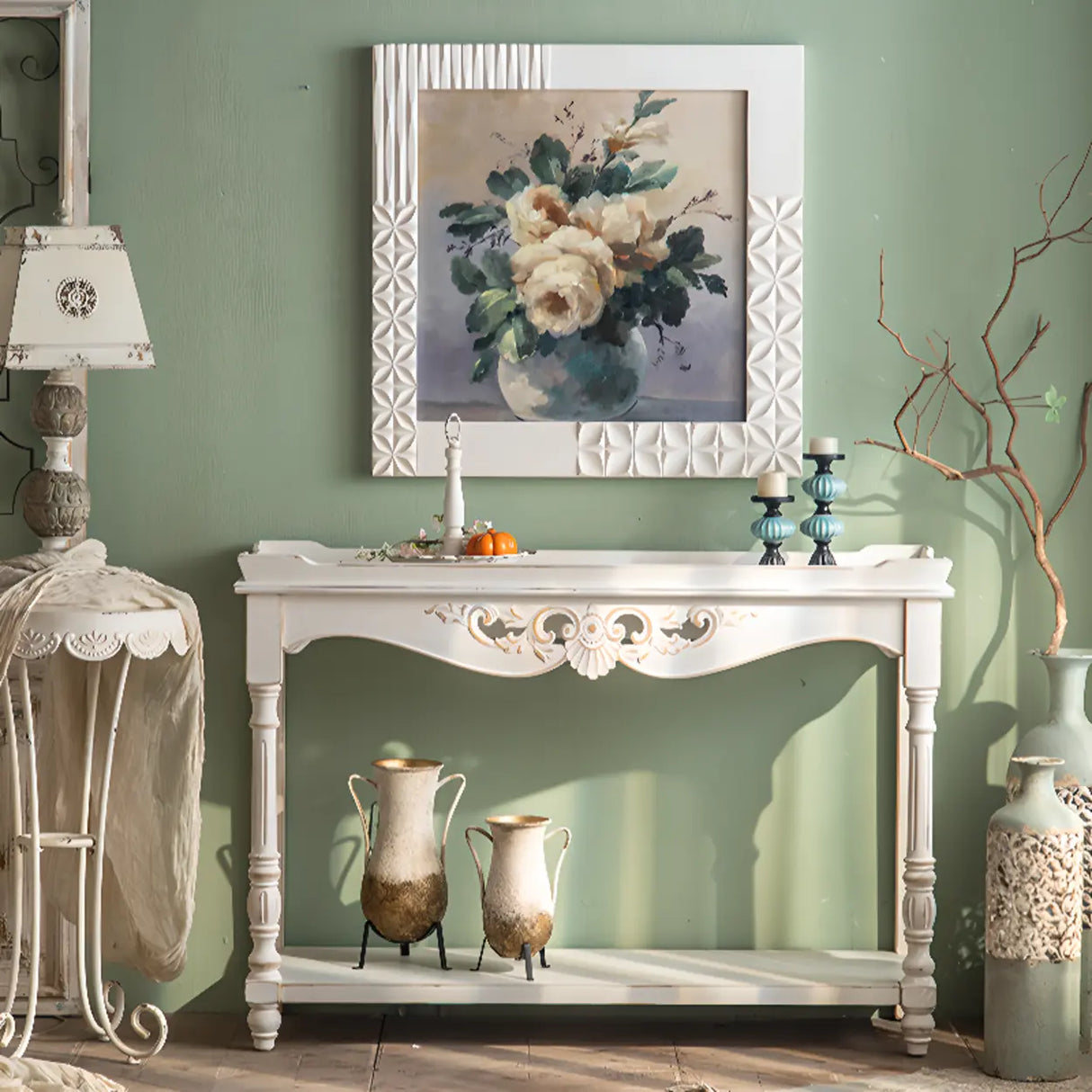 Antique Storage Carved Wood Console Table with Shelf Image - 4