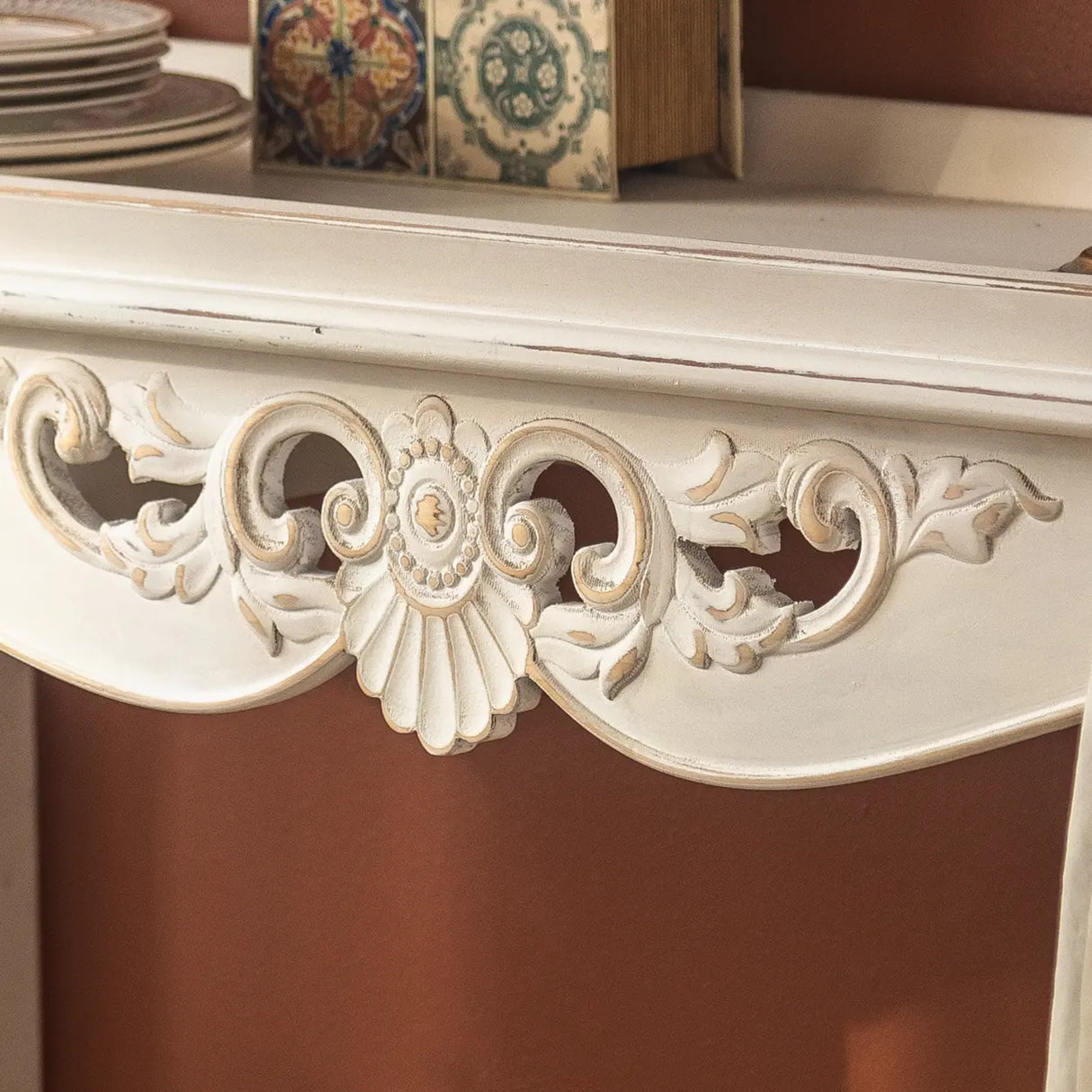 Antique Storage Carved Wood Console Table with Shelf Image - 6