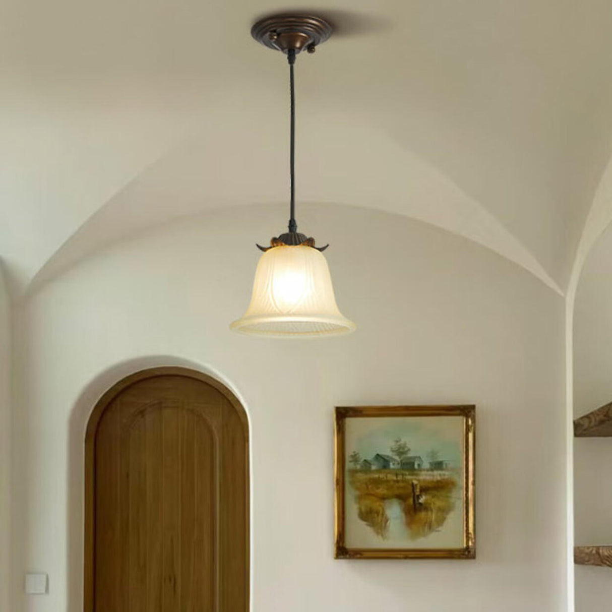 Antique White Glass Bell Adjustable Height Pendant Light Image - 1