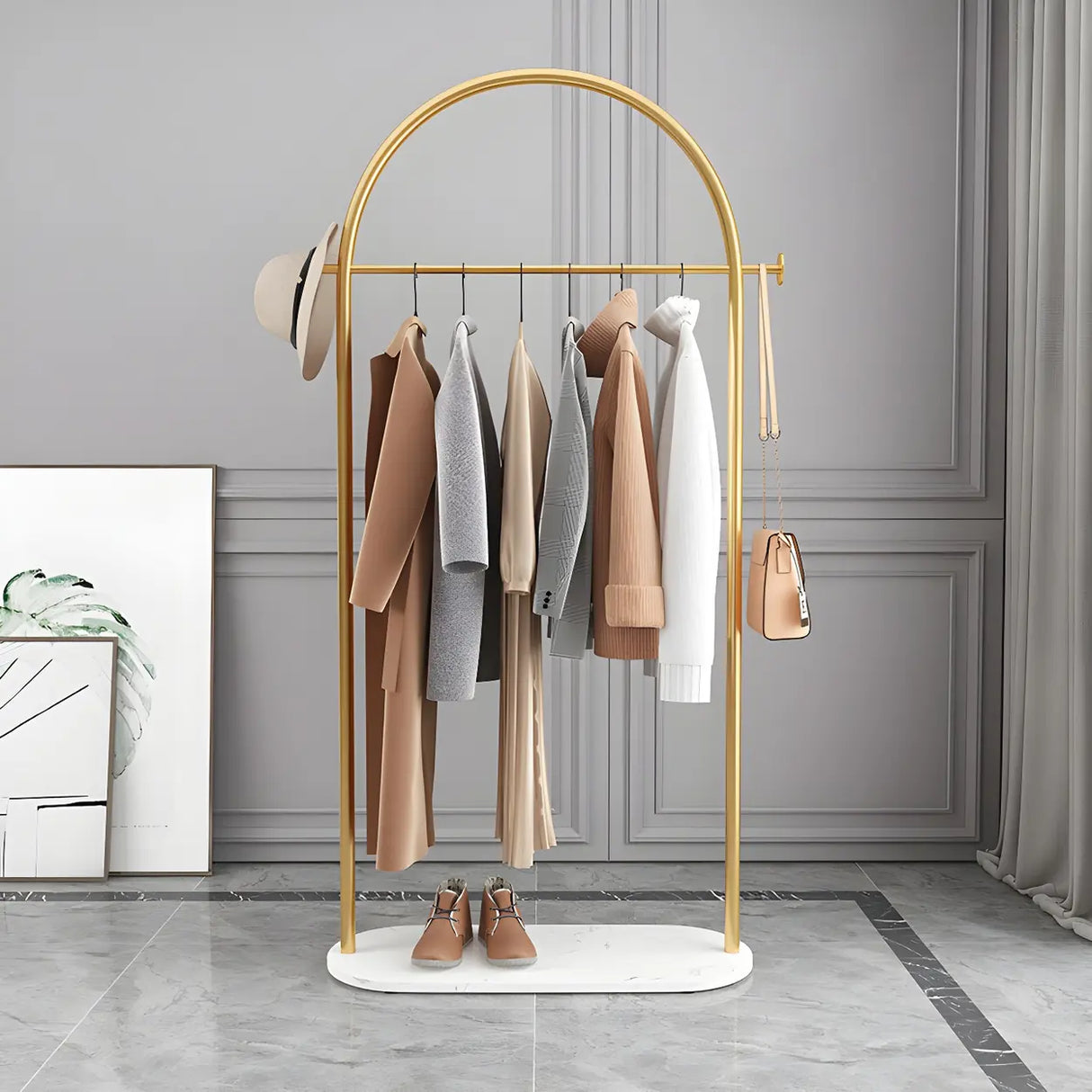 Arch Gold-White Freestanding Coat Rack with Hooks and Shelf Image - 1