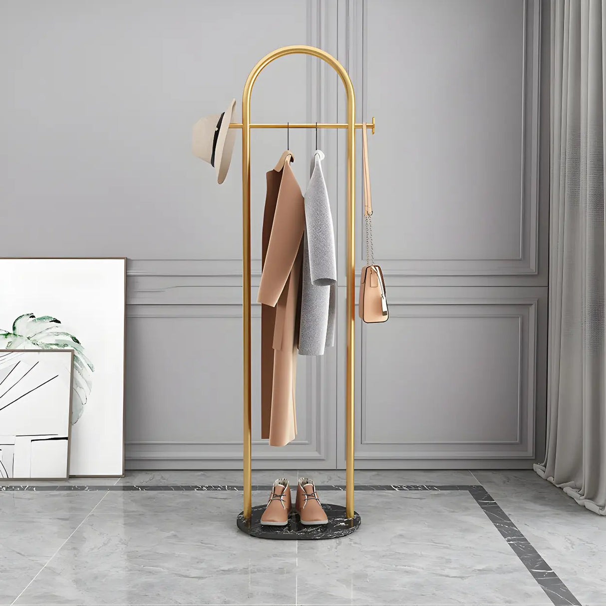 Arch Gold-White Freestanding Coat Rack with Hooks and Shelf Image - 11