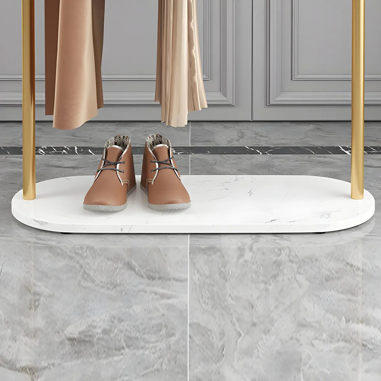 Arch Gold-White Freestanding Coat Rack with Hooks and Shelf Image - 13