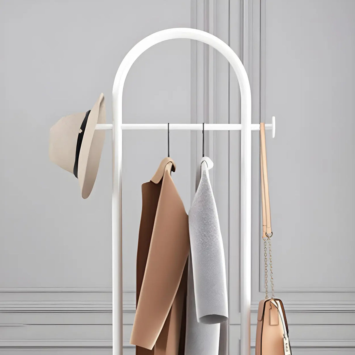 Arch Gold-White Freestanding Coat Rack with Hooks and Shelf Image - 14