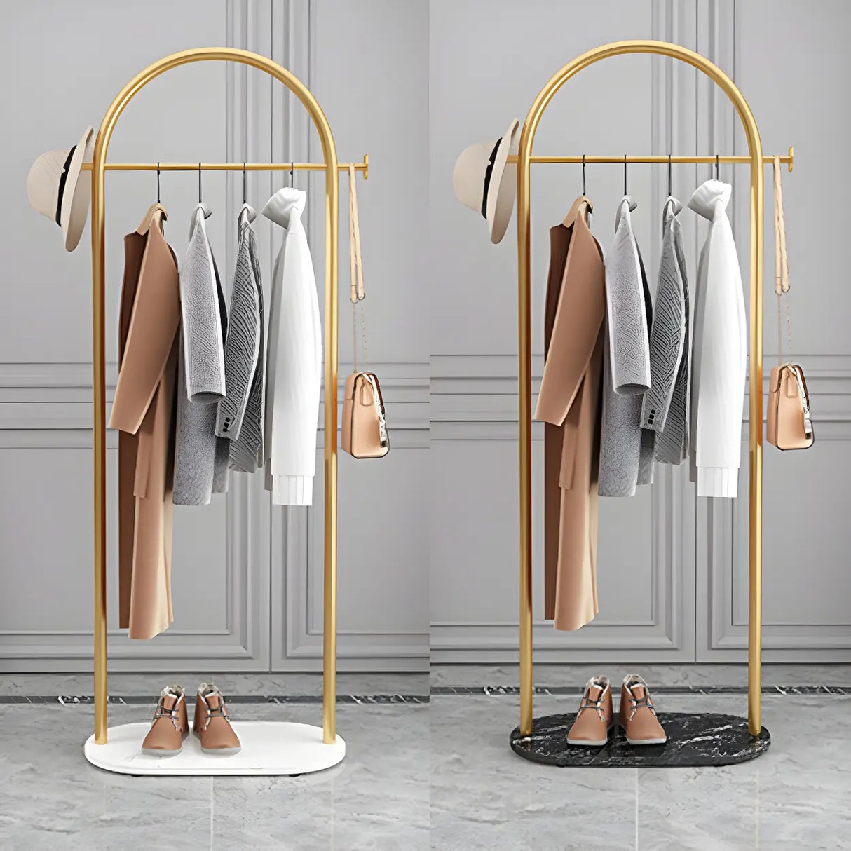 Arch Gold-White Freestanding Coat Rack with Hooks and Shelf Image - 16