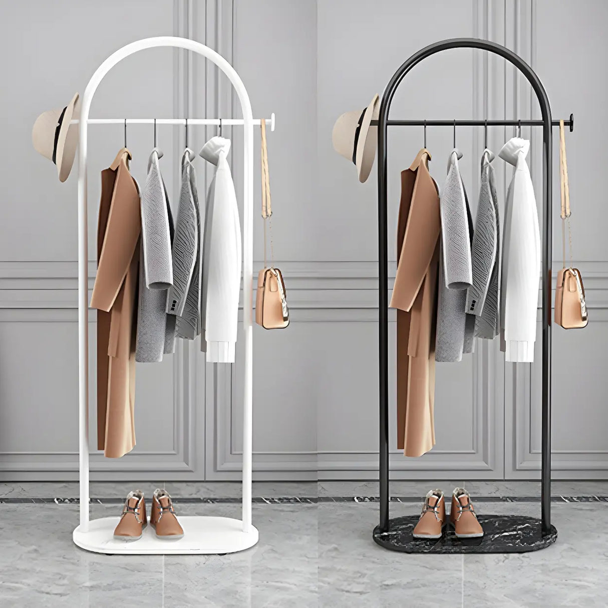 Arch Gold-White Freestanding Coat Rack with Hooks and Shelf Image - 17