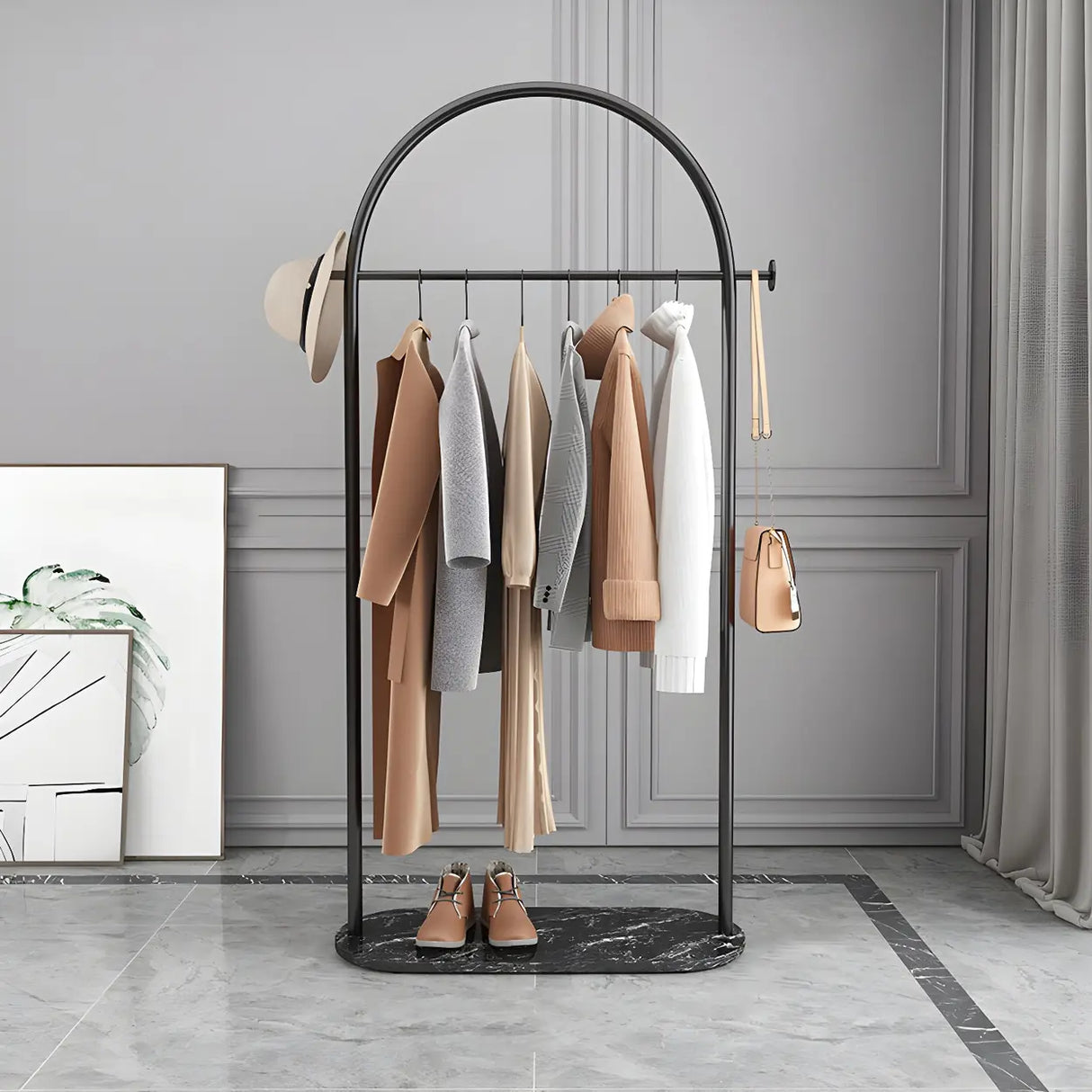 Arch Gold-White Freestanding Coat Rack with Hooks and Shelf Image - 18