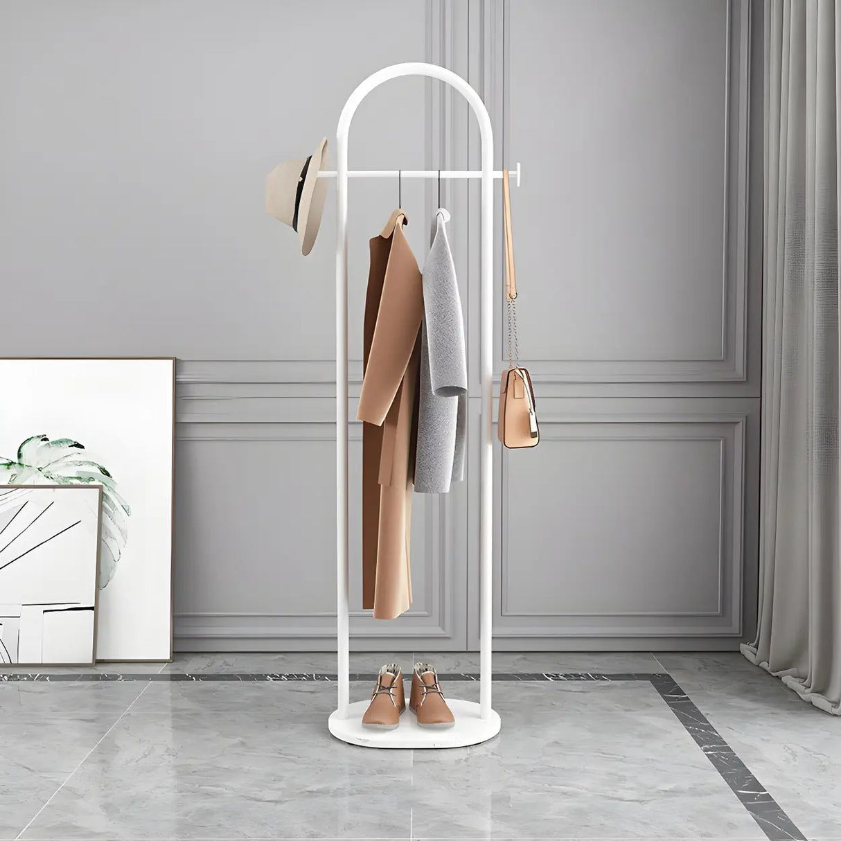 Arch Gold-White Freestanding Coat Rack with Hooks and Shelf Image - 19