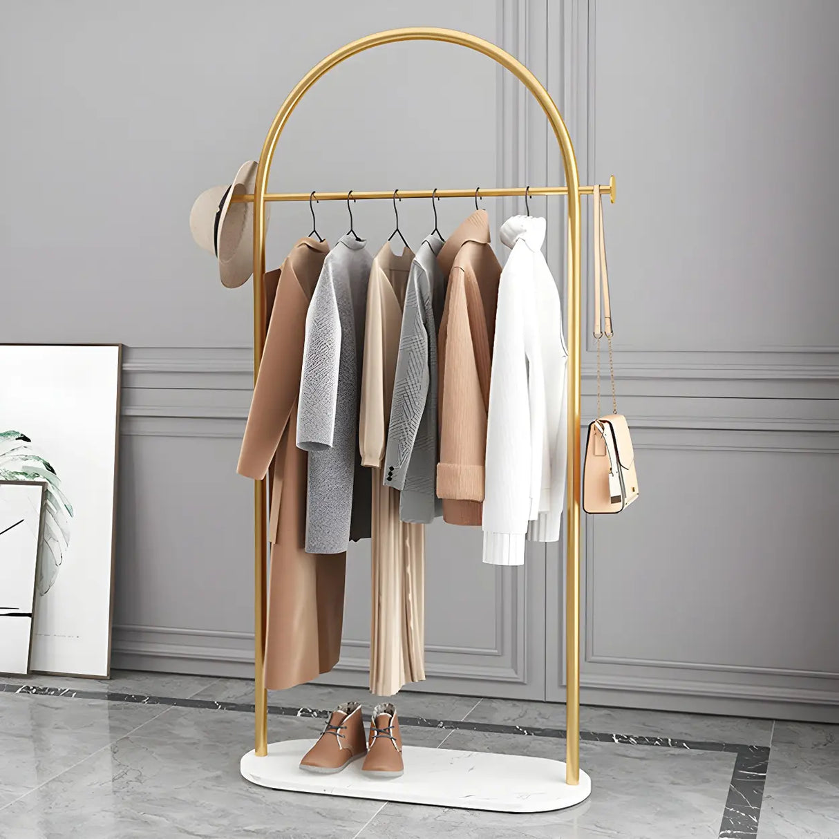 Arch Gold-White Freestanding Coat Rack with Hooks and Shelf Image - 20