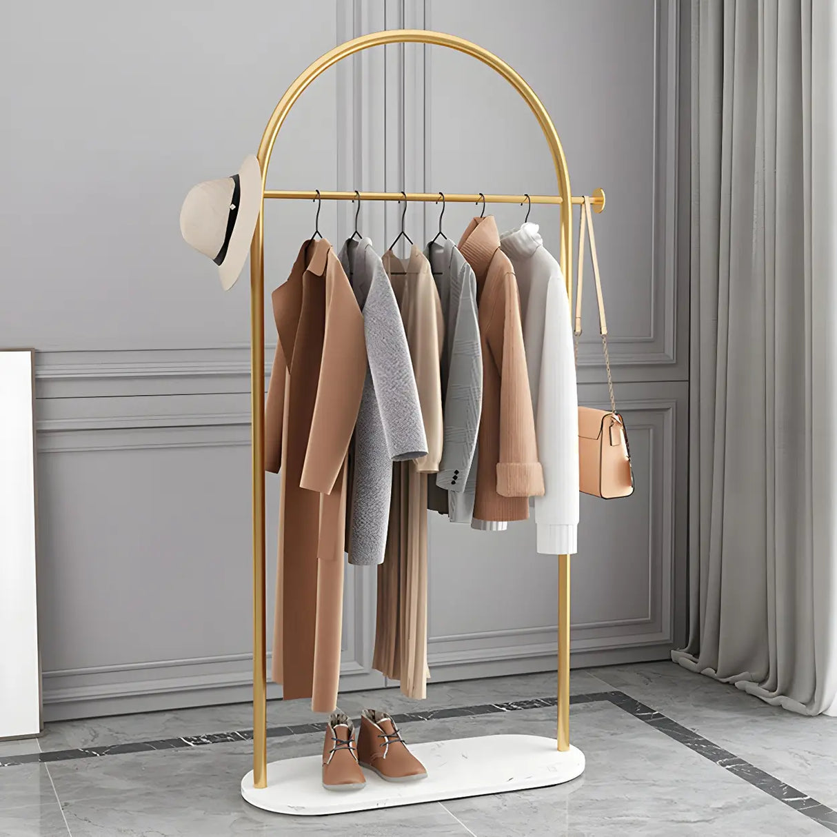 Arch Gold-White Freestanding Coat Rack with Hooks and Shelf Image - 21