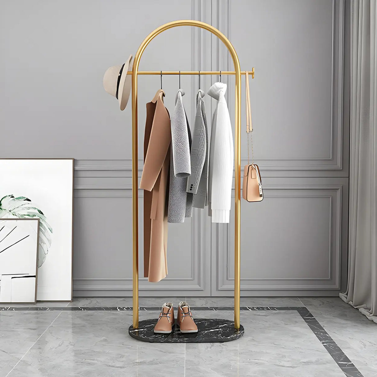 Arch Gold-White Freestanding Coat Rack with Hooks and Shelf Image - 7