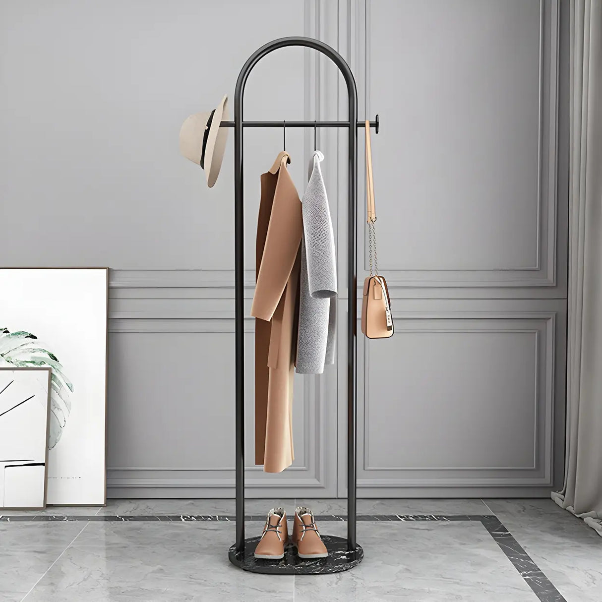 Arch Gold-White Freestanding Coat Rack with Hooks and Shelf Image - 8