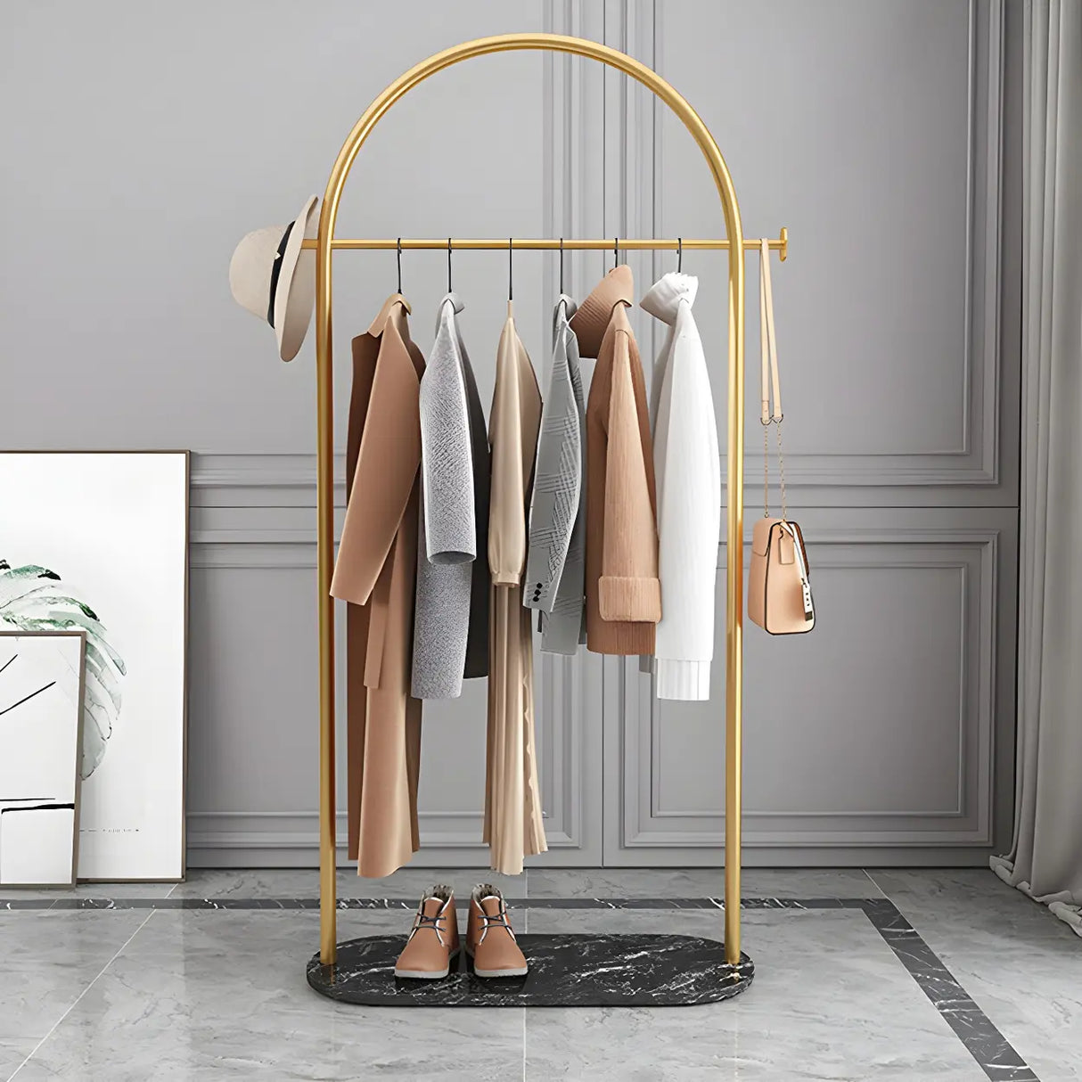 Arch Gold-White Freestanding Coat Rack with Hooks and Shelf Image - 9