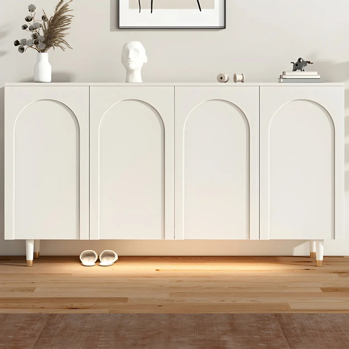 Arched Door Wood White Adjustable Shelves Shoe Cabinet Image - 1