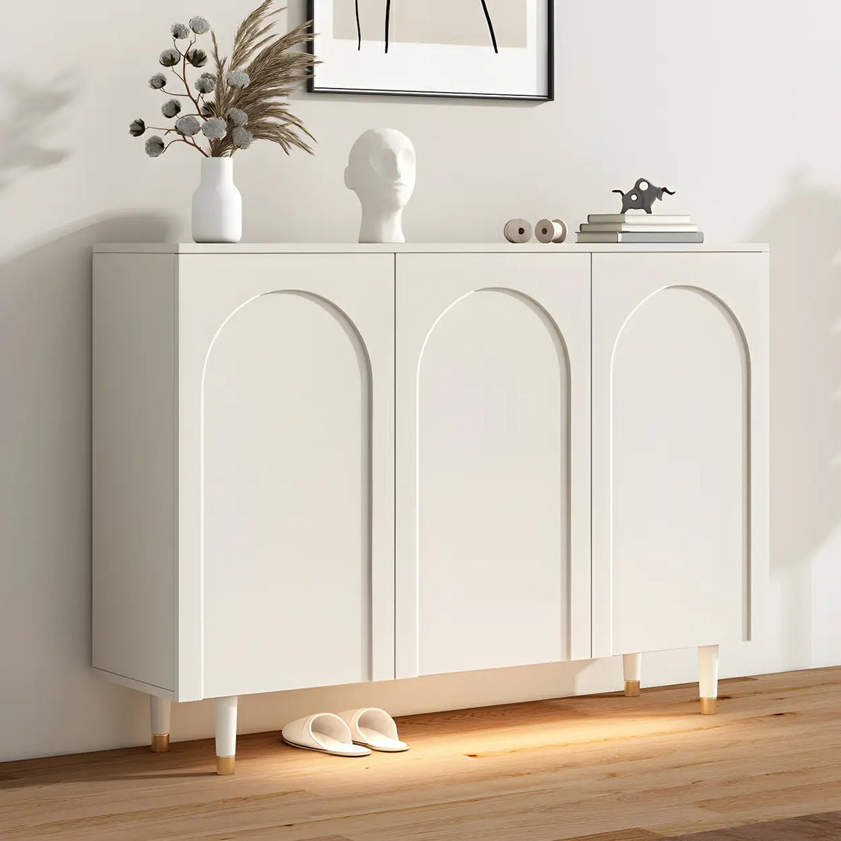 Arched Door Wood White Adjustable Shelves Shoe Cabinet Image - 3