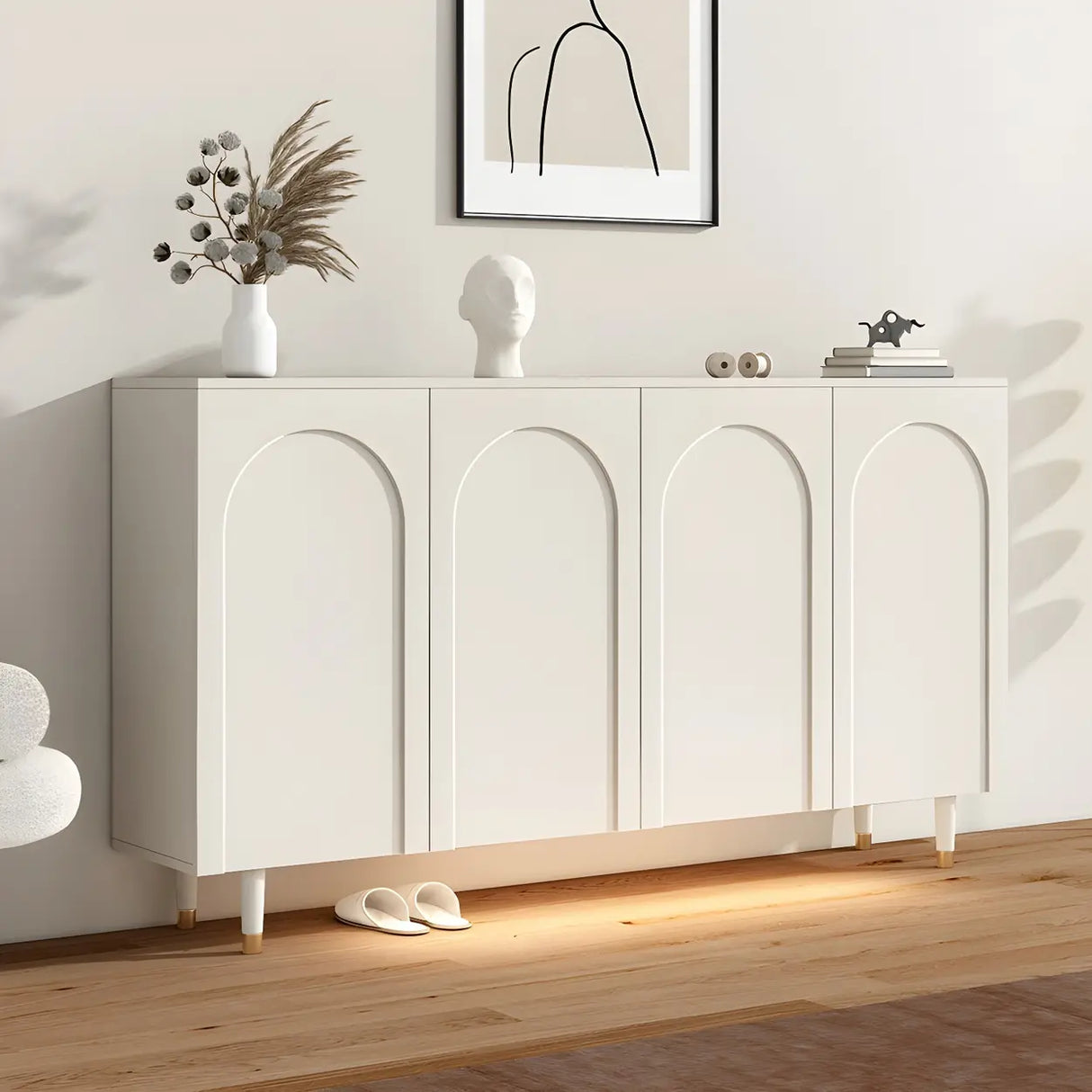 Arched Door Wood White Adjustable Shelves Shoe Cabinet Image - 4