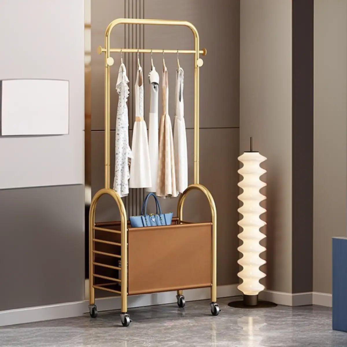 Arched Metal Gold Hooks Basket Coat Rack with Wheels Image - 10