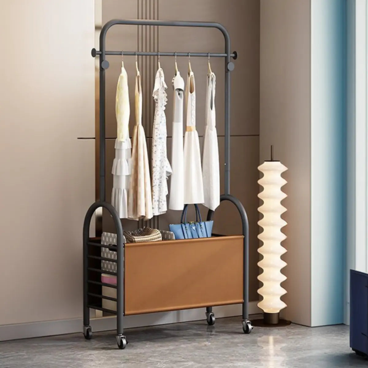 Arched Metal Gold Hooks Basket Coat Rack with Wheels Image - 11