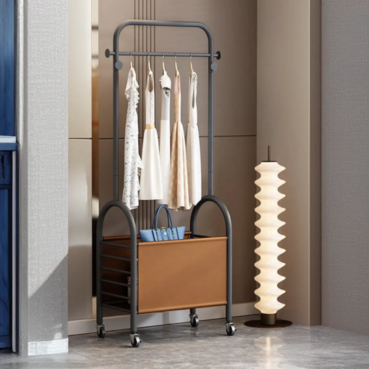 Arched Metal Gold Hooks Basket Coat Rack with Wheels Image - 12