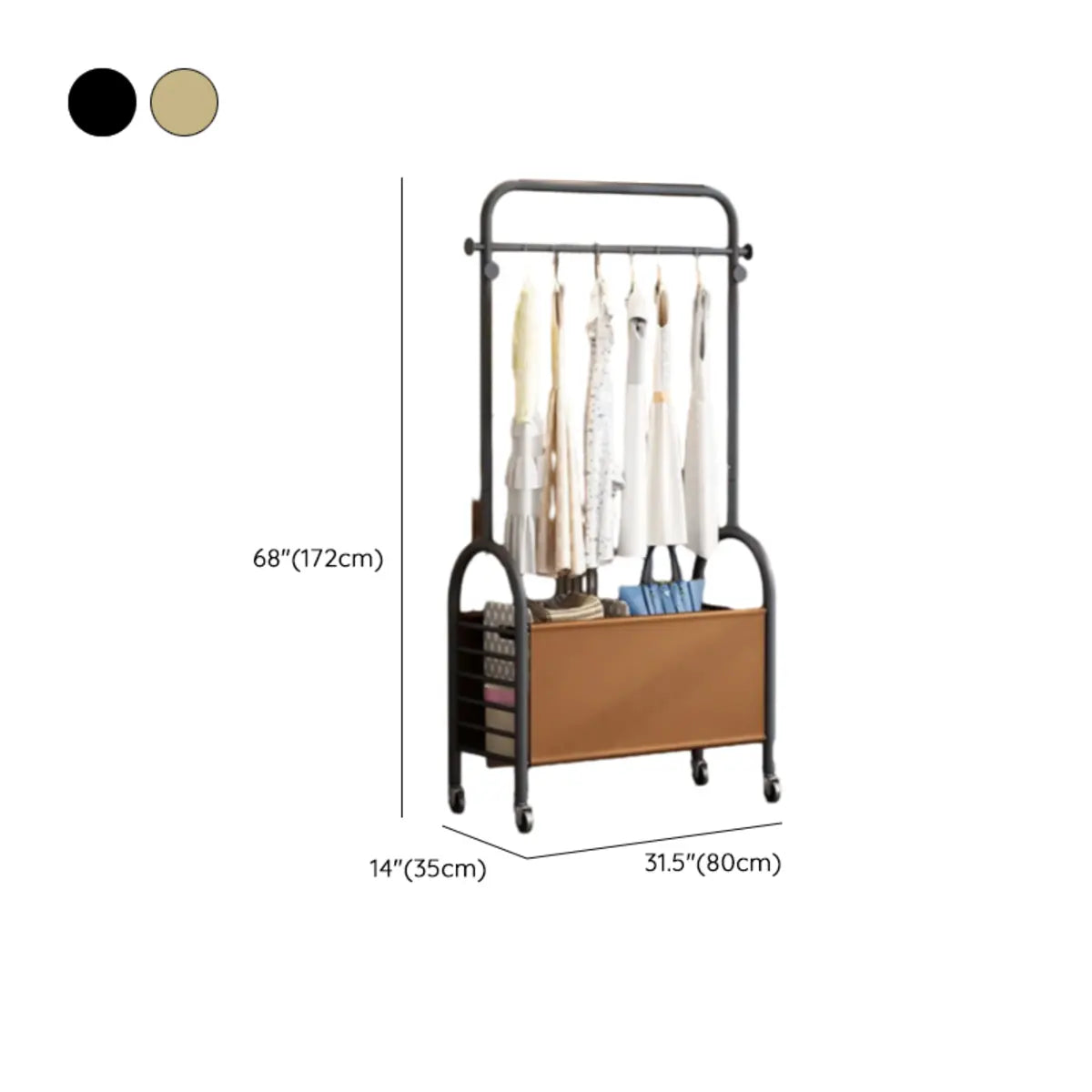 Arched Metal Gold Hooks Basket Coat Rack with Wheels Image - 14