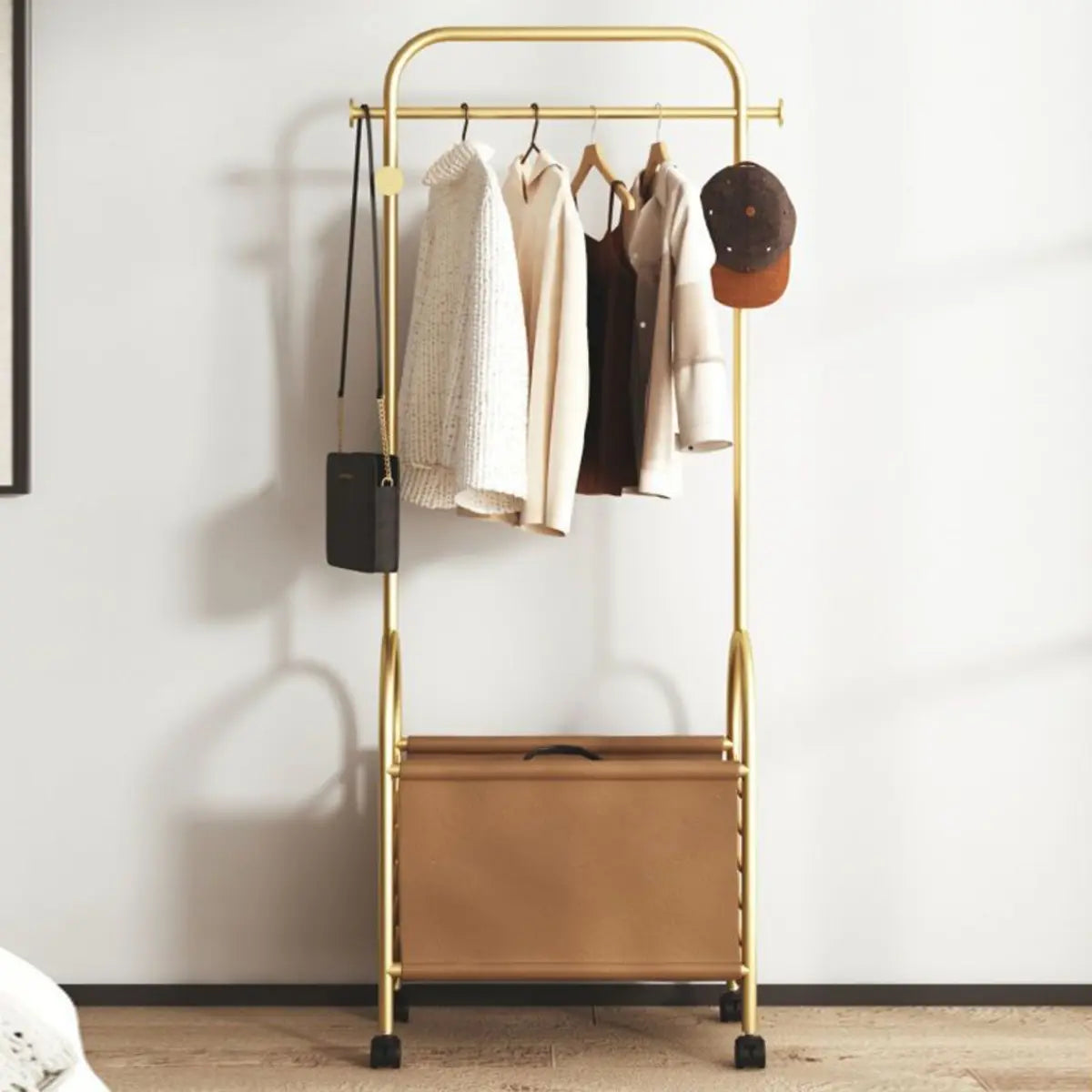 Arched Metal Gold Hooks Basket Coat Rack with Wheels Image - 3