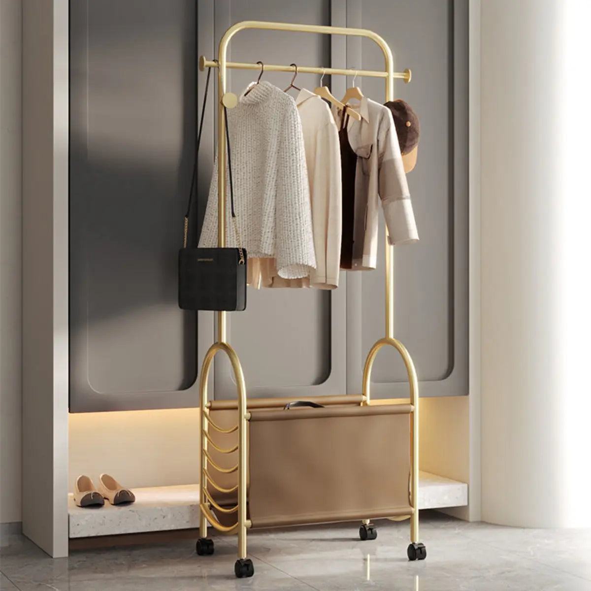 Arched Metal Gold Hooks Basket Coat Rack with Wheels Image - 4