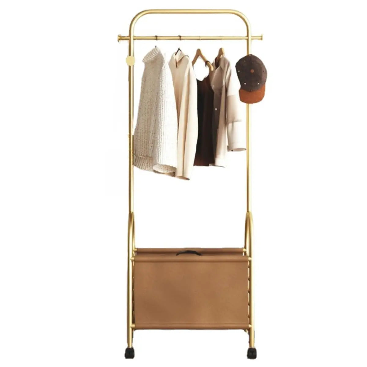 Arched Metal Gold Hooks Basket Coat Rack with Wheels Image - 5