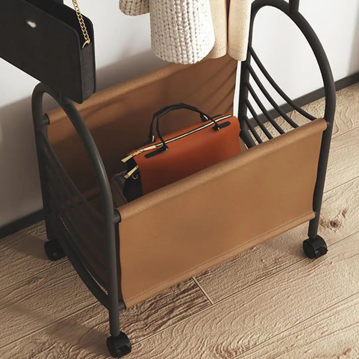 Arched Metal Gold Hooks Basket Coat Rack with Wheels Image - 6