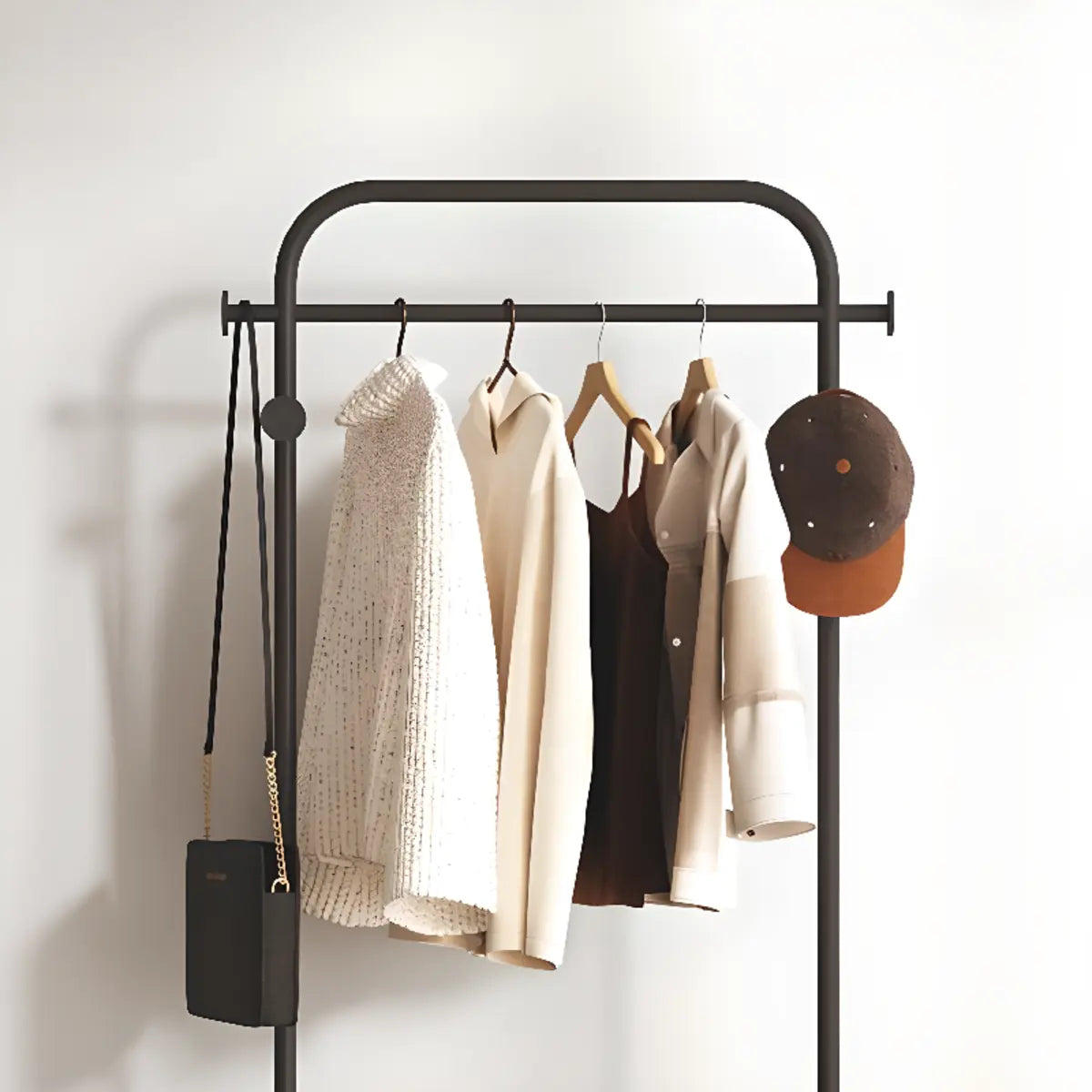 Arched Metal Gold Hooks Basket Coat Rack with Wheels Image - 7