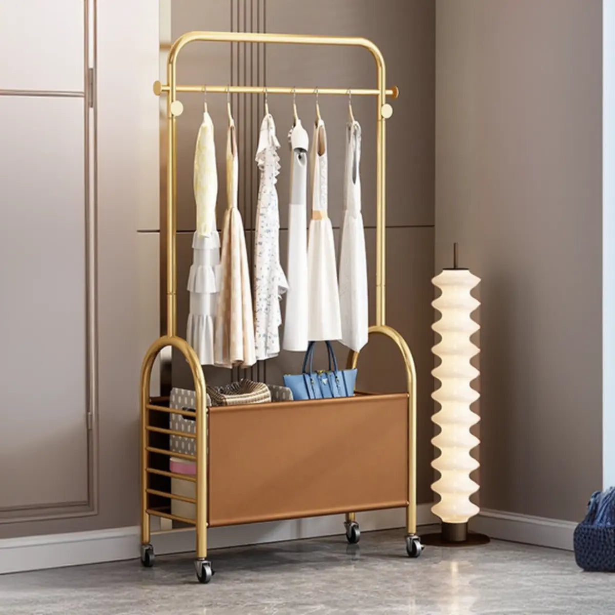 Arched Metal Gold Hooks Basket Coat Rack with Wheels Image - 9