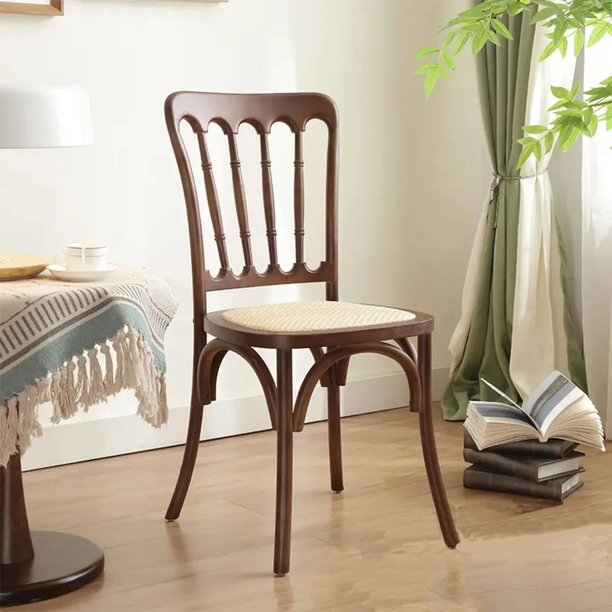 Arched Open Slatted Back Wooden Dining Chair Brown Image - 1