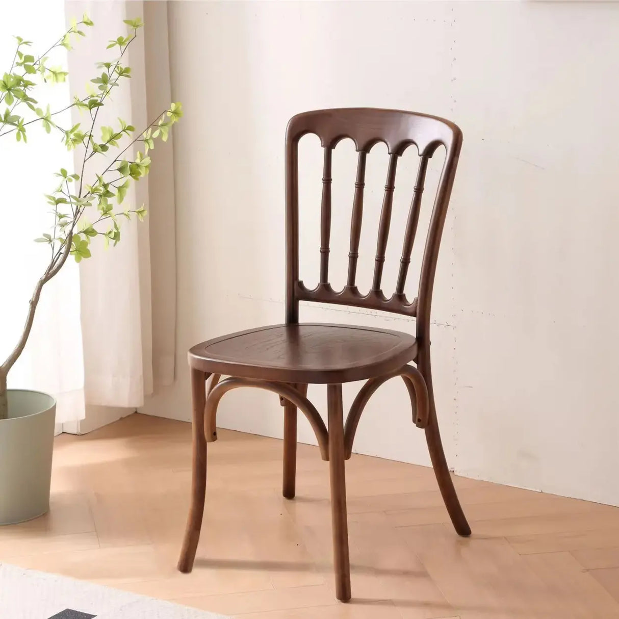 Arched Open Slatted Back Wooden Dining Chair Brown Image - 15