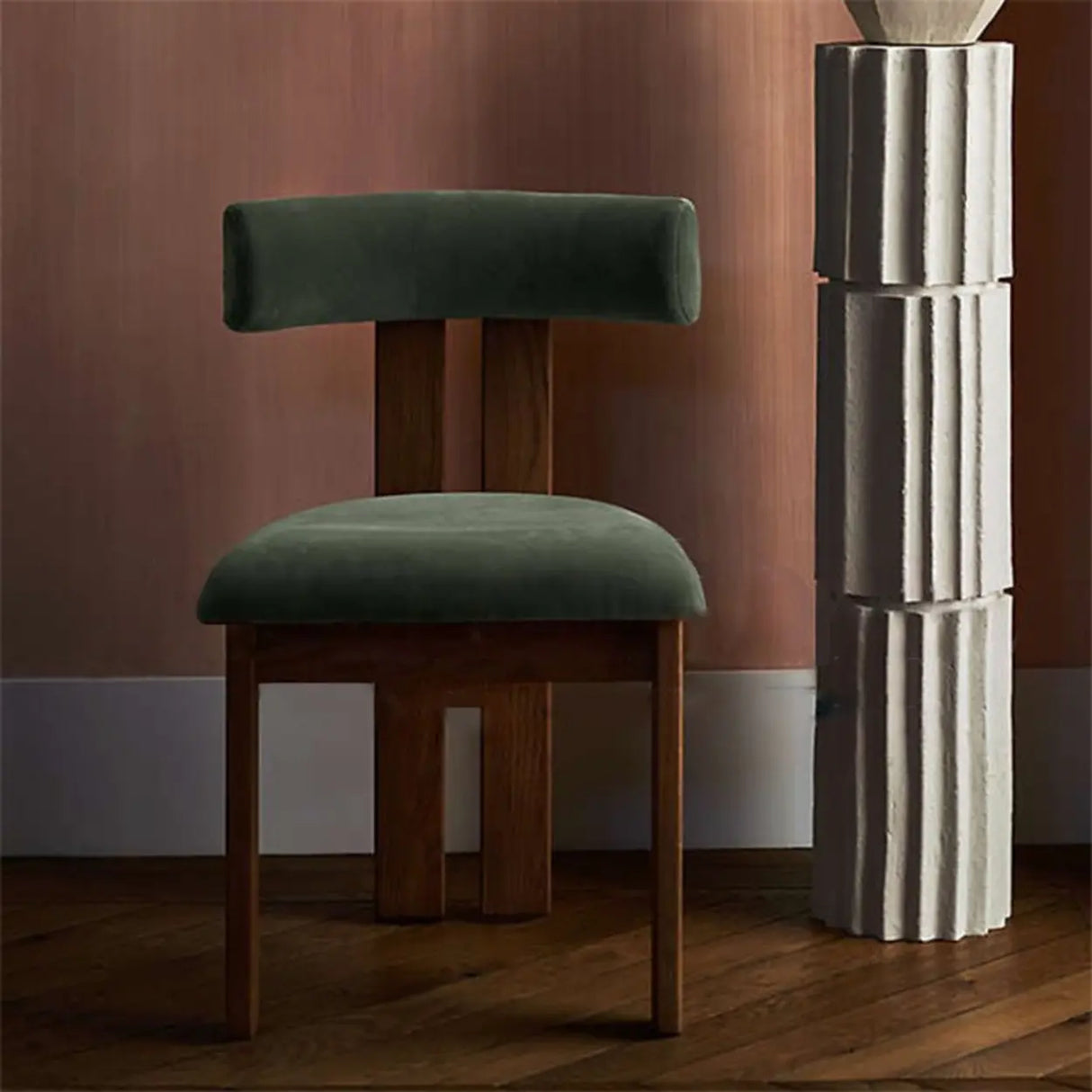 Armless Curved Back Wood Upholstered Dining Chair Green Image - 2